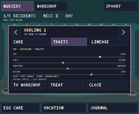 Actual game Traits card for an Orb with a favorite spit target, ribbon nest and Cozy Napper routine
