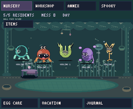 Actual Pocket Gremlins game: five pixel gremlins, bed, trinket, toy and touchscreen controls